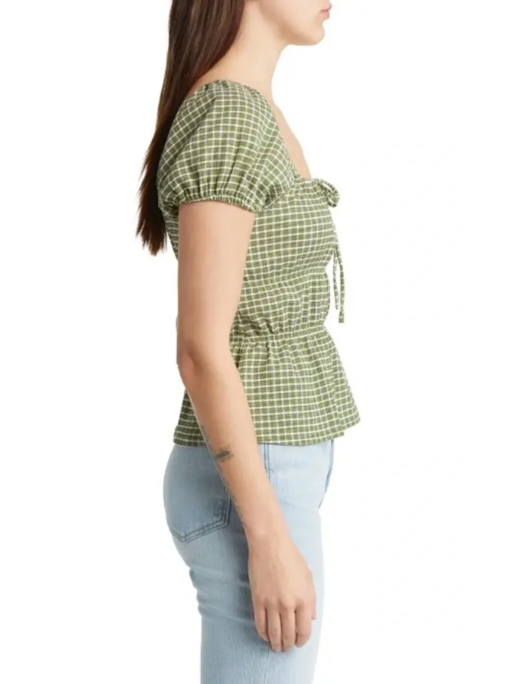 MADEWELL Green Gingham Tiered Peplum Top
